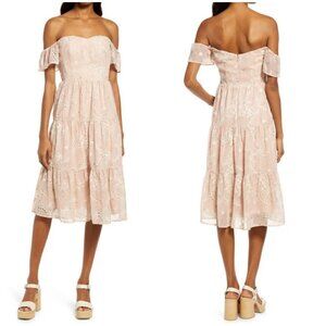 💕DRESS THE POPULATION💕 River Off the Shoulder Tiered Hem Dress ~ Blush XS NWT